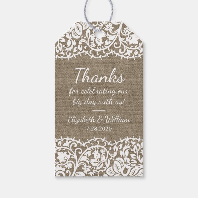 Étiquettes-cadeau Burlap rustique et Mariage de dentelle Vintage Mer (Devant)