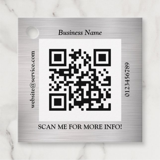 Étiquettes Cadeau Bus QR Code. Nom Site Web Promo, Argent brossé (Devant)