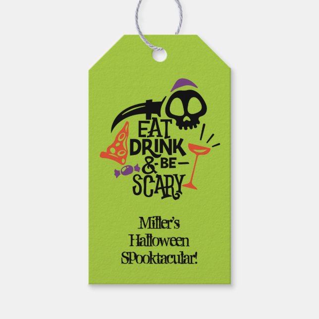 Étiquettes-cadeau Buvez un verre et soyez effrayant Green Halloween  (Devant)