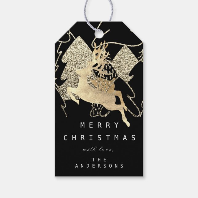 Étiquettes-cadeau Cadeau À Reindeer Black Gold Christmas Tree (Devant)