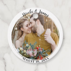 Étiquettes Cadeau Cadeau de mariage photo rond tendance minimal blan