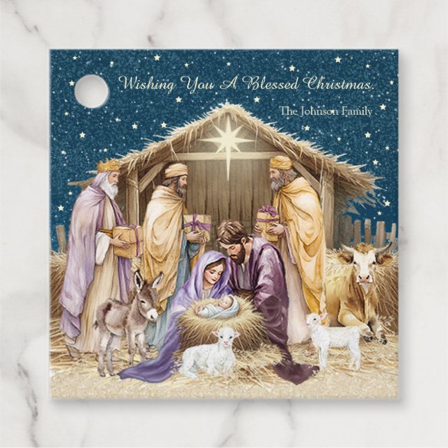 Étiquettes Cadeau Cadeau de Noël de la Nativité à l'aquarelle (Devant)