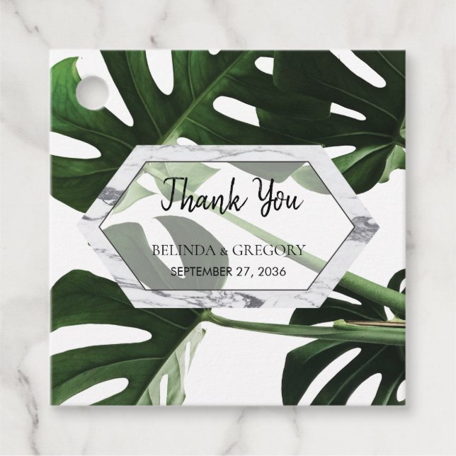 Étiquettes Cadeau Cadeau Mariage en marbre de Monstera Tropical (Devant)