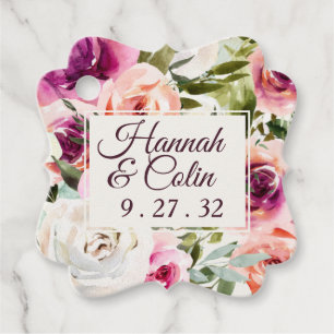 Étiquettes Cadeau Cadre Floral Élégant Rose Pêche Pourpre Blanc