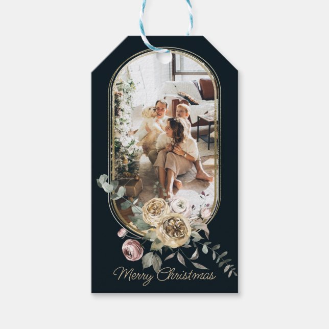 Étiquettes-cadeau Cadre Floral Noël Fête Photo personnalisée (Devant)