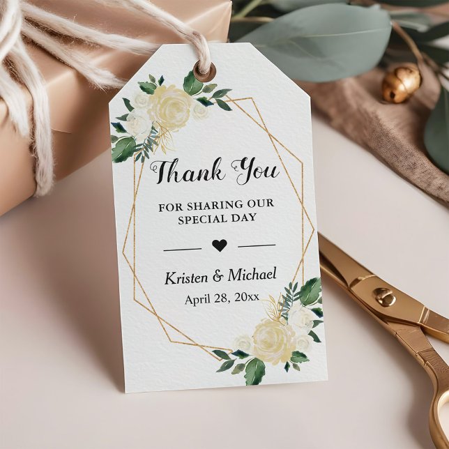 Étiquettes-cadeau Cadre Or Vert Mariage Floral Favoriser Merci (Créateur téléchargé)