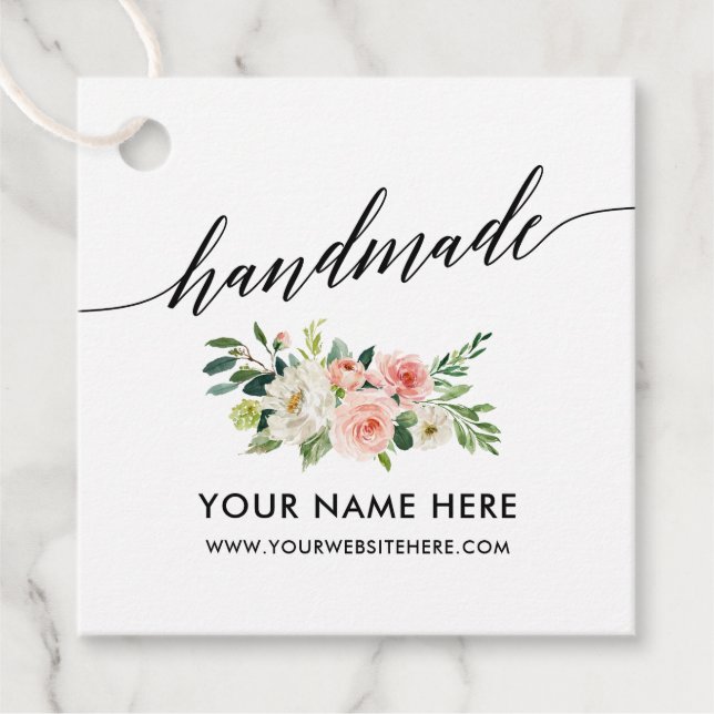 Étiquettes Cadeau Calligraphie artisanale Script rose blanc floral (Devant)