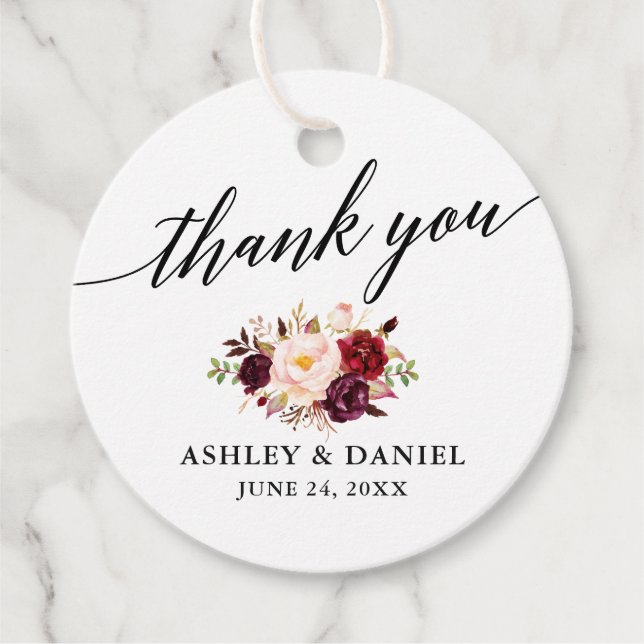 Étiquettes Cadeau Calligraphie Bourgogne Floral Mariage Merci (Devant)
