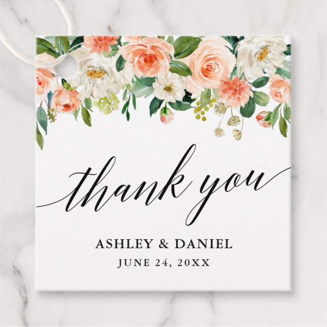 Étiquettes Cadeau Calligraphie Corail Floral Mariage Remerciements (Devant)
