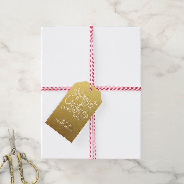 Étiquettes-cadeau Calligraphie de Noël Whimsical Elegant Swirl Gold (Avec de la ficelle)