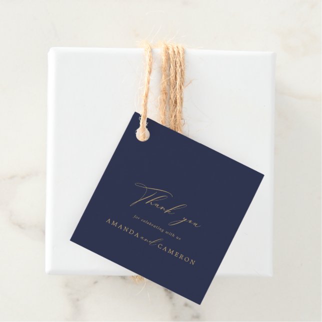 Étiquettes Cadeau Calligraphie d'or romantique Marine Mariage bleu (En situation)