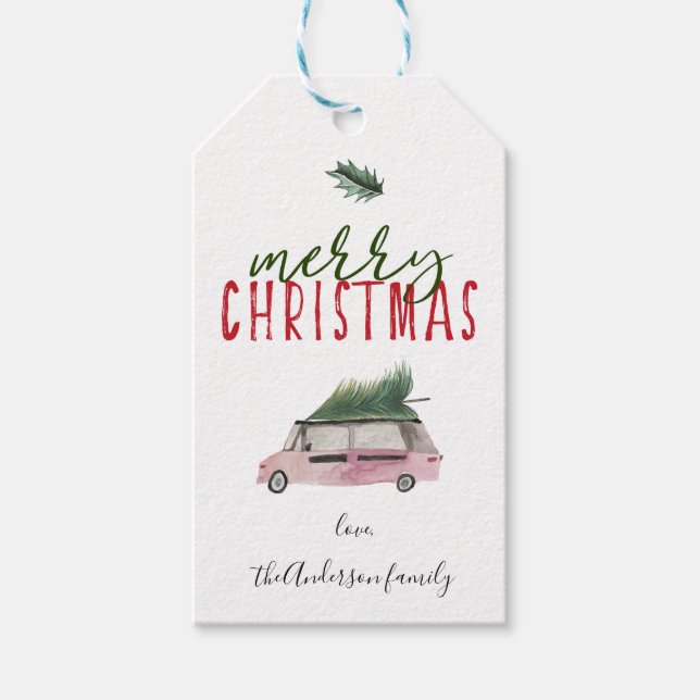 Étiquettes-cadeau Calligraphie Joyeux Noël Van & arbre vert rouge (Devant)