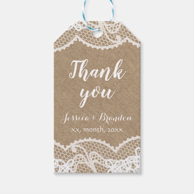 Étiquettes-cadeau calligraphie merci burlap rustique et dentelle (Devant)