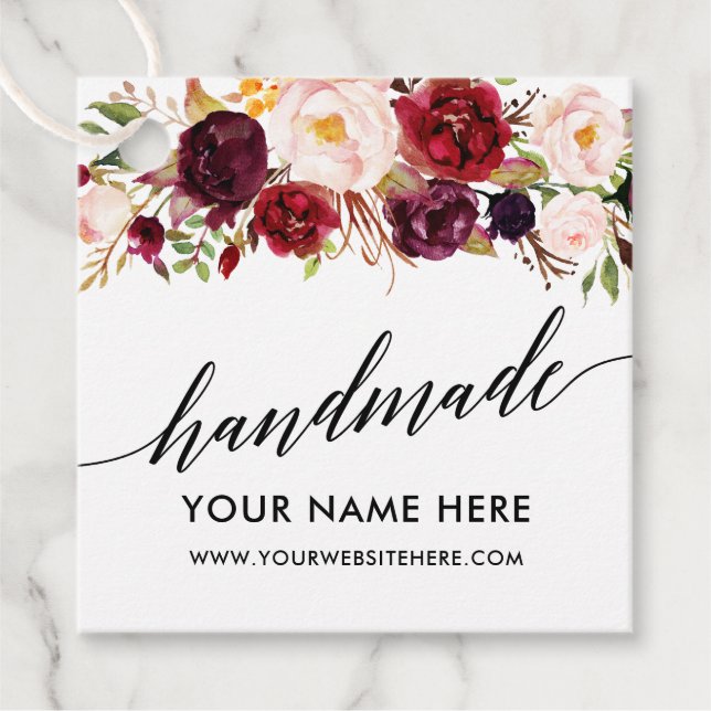 Étiquettes Cadeau Calligraphie Script Bourgogne Floral artisanal (Devant)