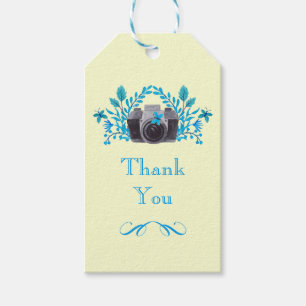 Étiquettes-cadeau Caméra Avec Feuilles Bleus Et Papillons Merci