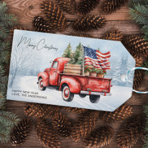 Camion de Noël Rouge Vintage Drapeau USA Patriotiq
