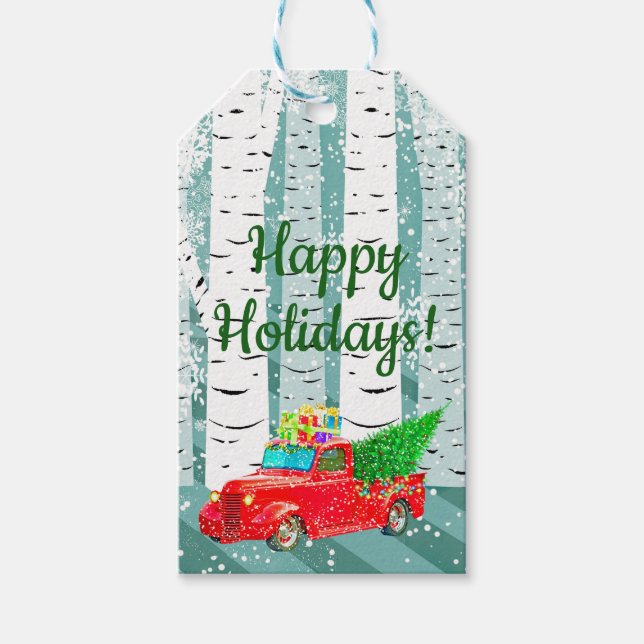 Étiquettes-cadeau Camion de ramassage de Noël et bouleaux (Devant)