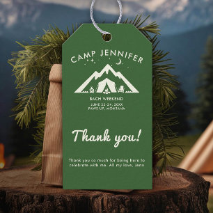 Étiquettes-cadeau Camp Bachelorette Fête Forêt Vert Camping Chic