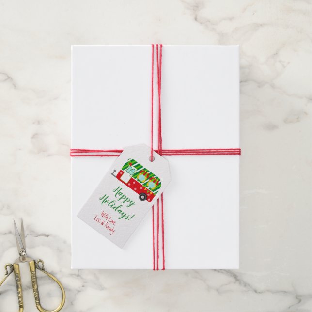 Étiquettes-cadeau Camper de vacances, Noël personnalisé (Avec de la ficelle)