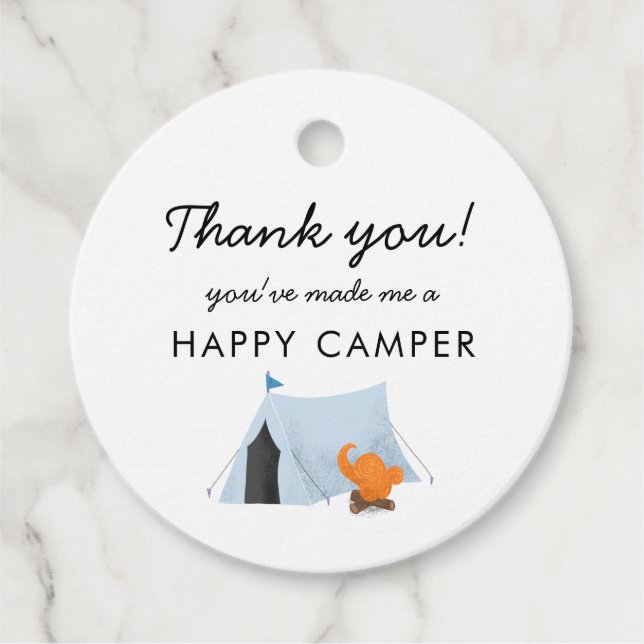 Étiquettes Cadeau Camping Anniversaire Fête Bleue Tente Happy Camper (Devant)