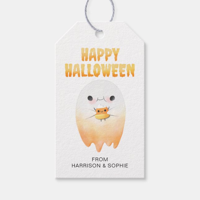 Étiquettes-cadeau Candy Corn Happy Halloween Ghost Nom personnalisé (Devant)