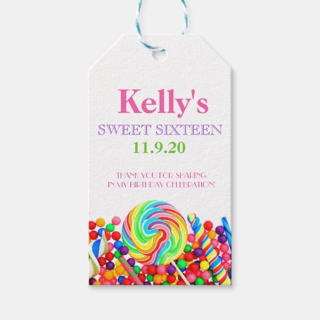 Étiquettes-cadeau Candyland Candy thème Sweet 16 Faveur | Balises ca (Devant)