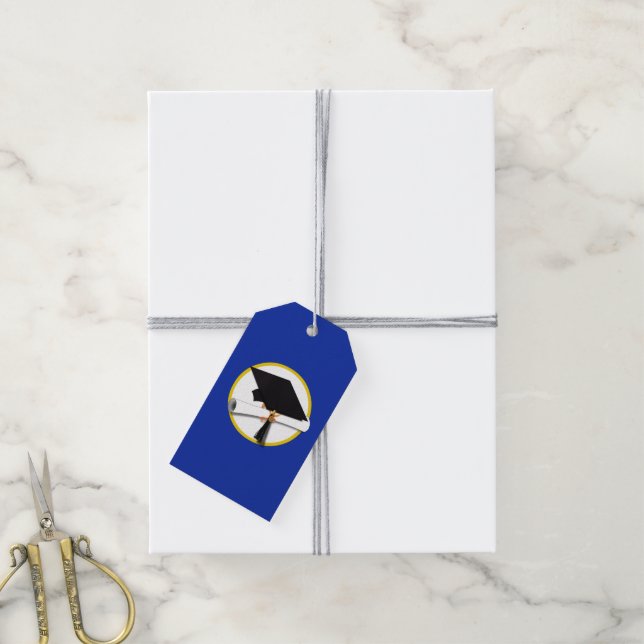 Étiquettes-cadeau Cape de remise des diplômes avec diplôme - Bleu (Avec de la ficelle)