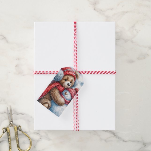 Étiquettes-cadeau Carangs de Noël Teddy Bear et Snowman (Avec de la ficelle)