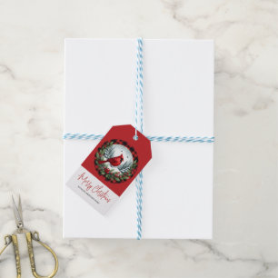Étiquettes-cadeau Cardinal rouge avec baies de houx