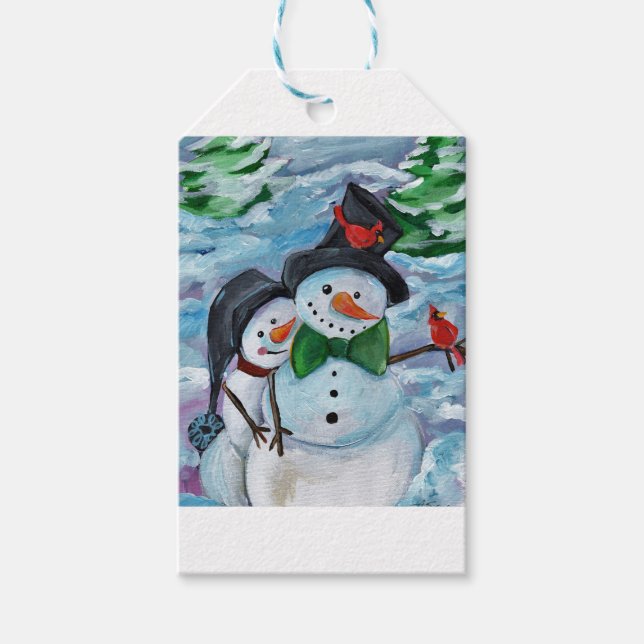 Étiquettes-cadeau Cardinal visitant Snowmen (Devant)