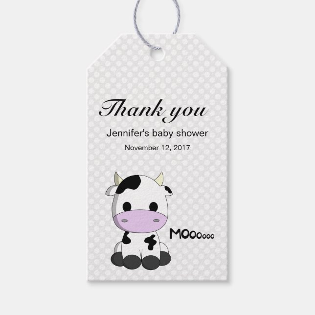 Étiquettes-cadeau Caricature de vache mignonne baby shower pois merc (Devant)