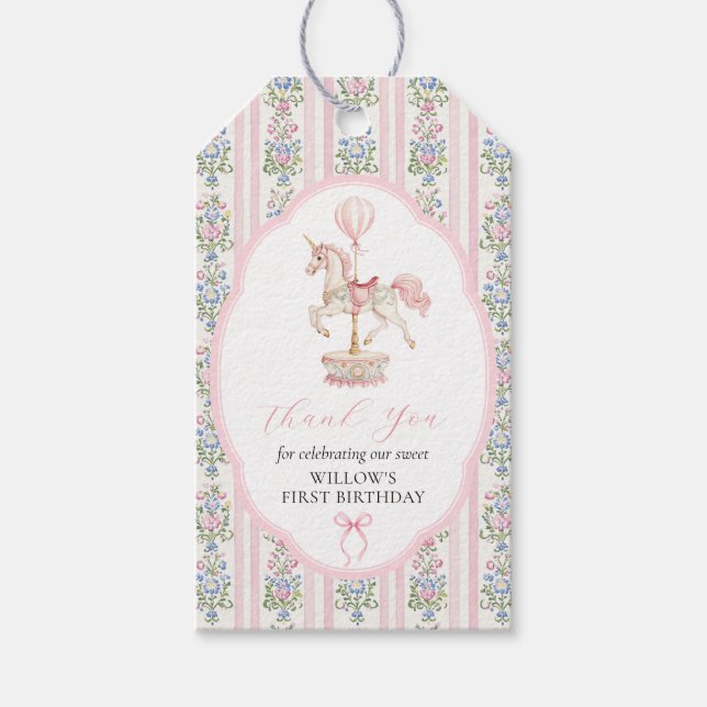 Étiquettes-cadeau Carousel Pink First Birthday (Devant)
