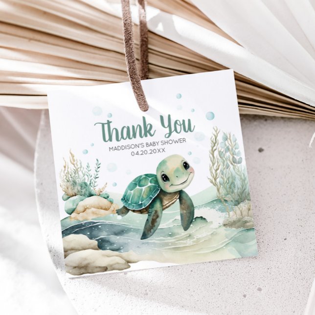 Étiquettes Cadeau Carré Baby shower de la tortue de mer (Sea Turtle Baby Shower Square Favor Tags)
