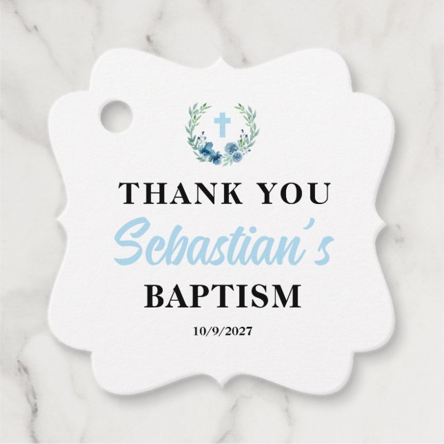 Étiquettes Cadeau Carré Baptême de garçon bleu (Devant)