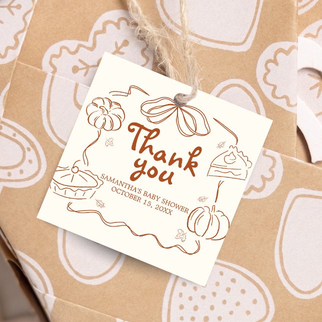 Étiquettes Cadeau Carré de Baby shower de Citrouille à tarte Little  (Hand Drawn Little Cutie Pie Baby Shower Favor Tags)