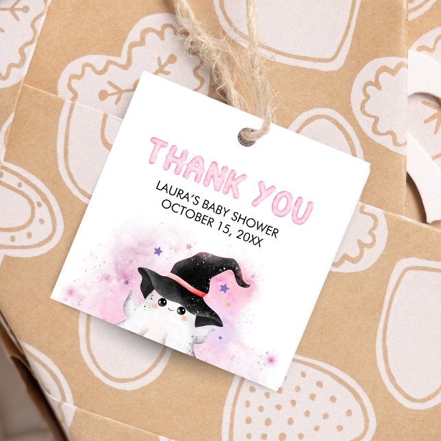 Étiquettes Cadeau Carré de Baby shower de sorcière de petit garçon r (Little Boo Halloween Baby Shower Square Favor Tags)