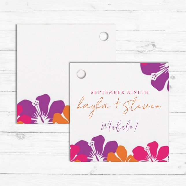 Étiquettes Cadeau Carré d'Hibiscus rose orange tropical violet (Créateur téléchargé)