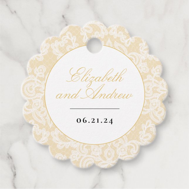 Étiquettes Cadeau Carré Mariage de script élégant en dentelle noire  (Devant)