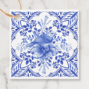 Étiquettes Cadeau Carreau floral bleu et blanc avec oiseau