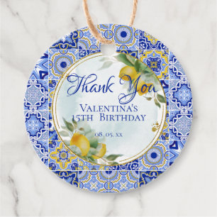 Étiquettes Cadeau Carreaux bleu or italien Citrons Script Merci