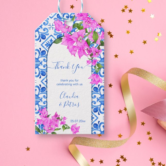 Étiquettes-cadeau Carreaux bleus et Bougainvilliers élégant merci (Créateur téléchargé)