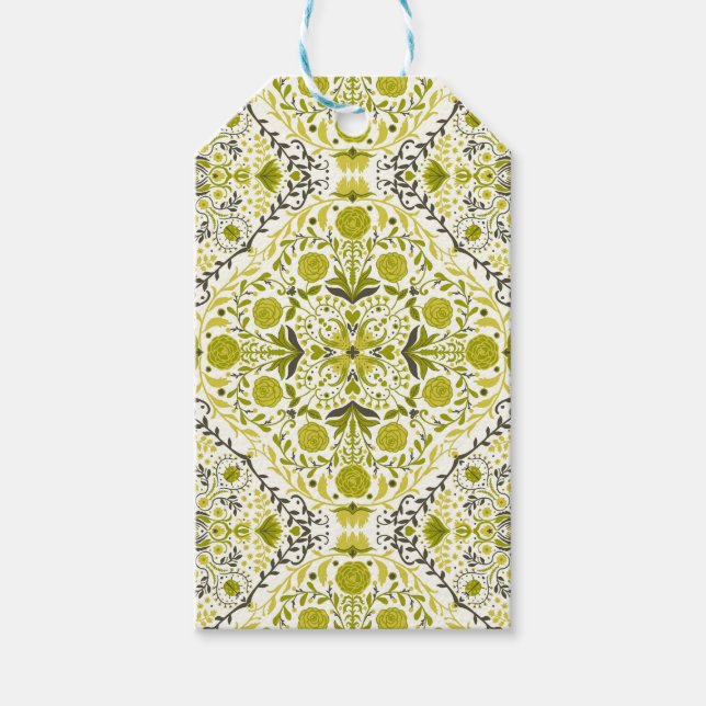 Étiquettes-cadeau Carreaux de fleurs en vert (Devant)