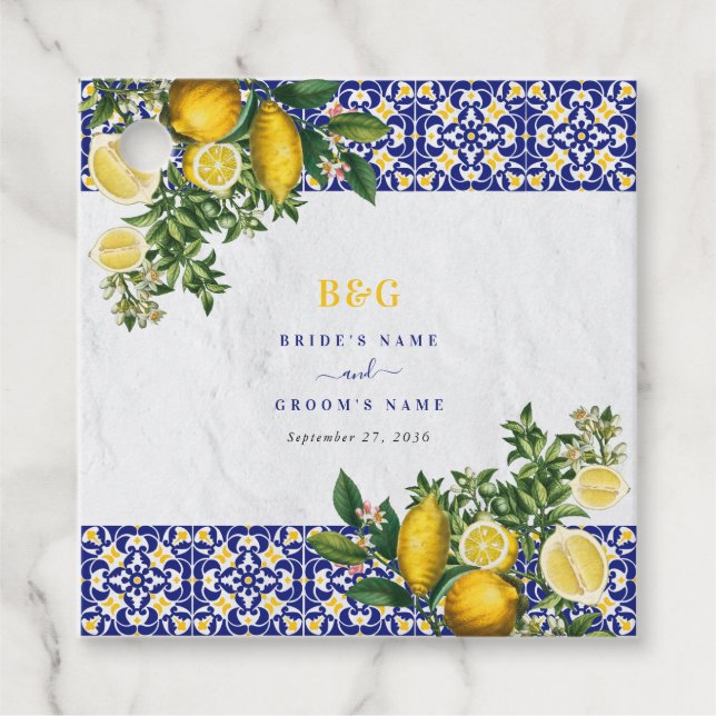Étiquettes Cadeau Carrelage bleu blanc jaune méditerranéen Mariage c (Devant)
