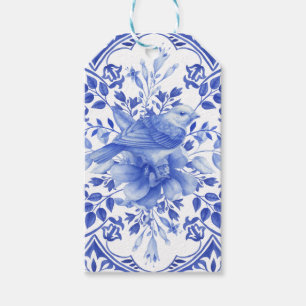 Étiquettes-cadeau Carrelage floral bleu et blanc avec oiseau