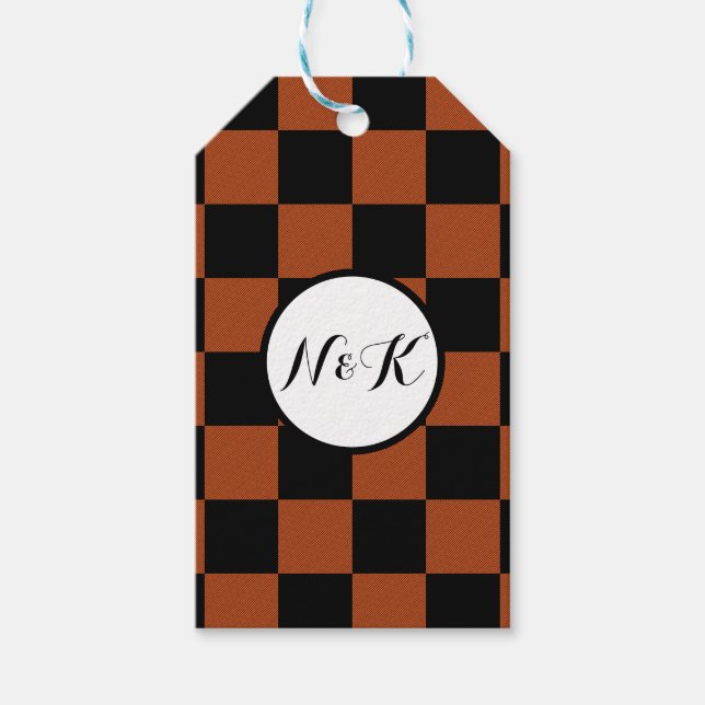 Étiquettes-cadeau Carrés à carreaux noirs et orange Buffalo Plaid (Devant)