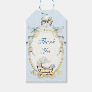 Étiquettes-cadeau Carrosse Antique Bleu Gingham Roses Or