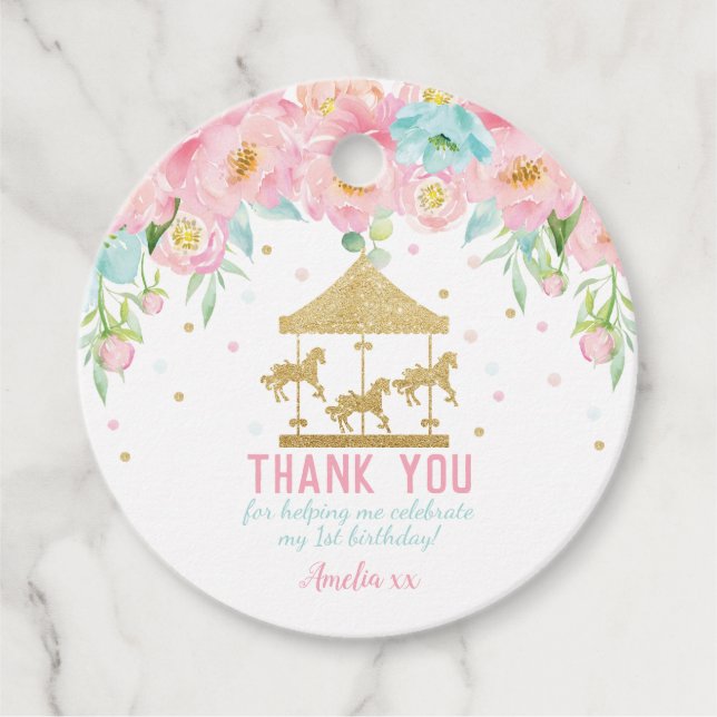 Étiquettes Cadeau Carrousel floral de Monnaie rose Anniversaire Merc (Devant)