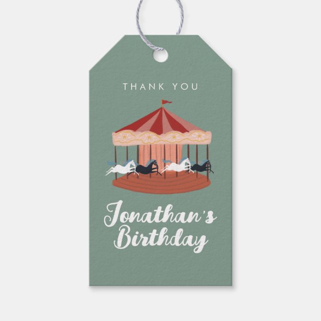 Étiquettes-cadeau Carrousel rose aquarelle Merci d'anniversaire (Devant)