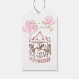 Étiquettes-cadeau Carrousel rose Unicorne premier anniversaire