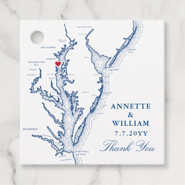 Étiquettes Cadeau Carte de la baie Annapolis Chesapeake Mariage bleu (Devant)